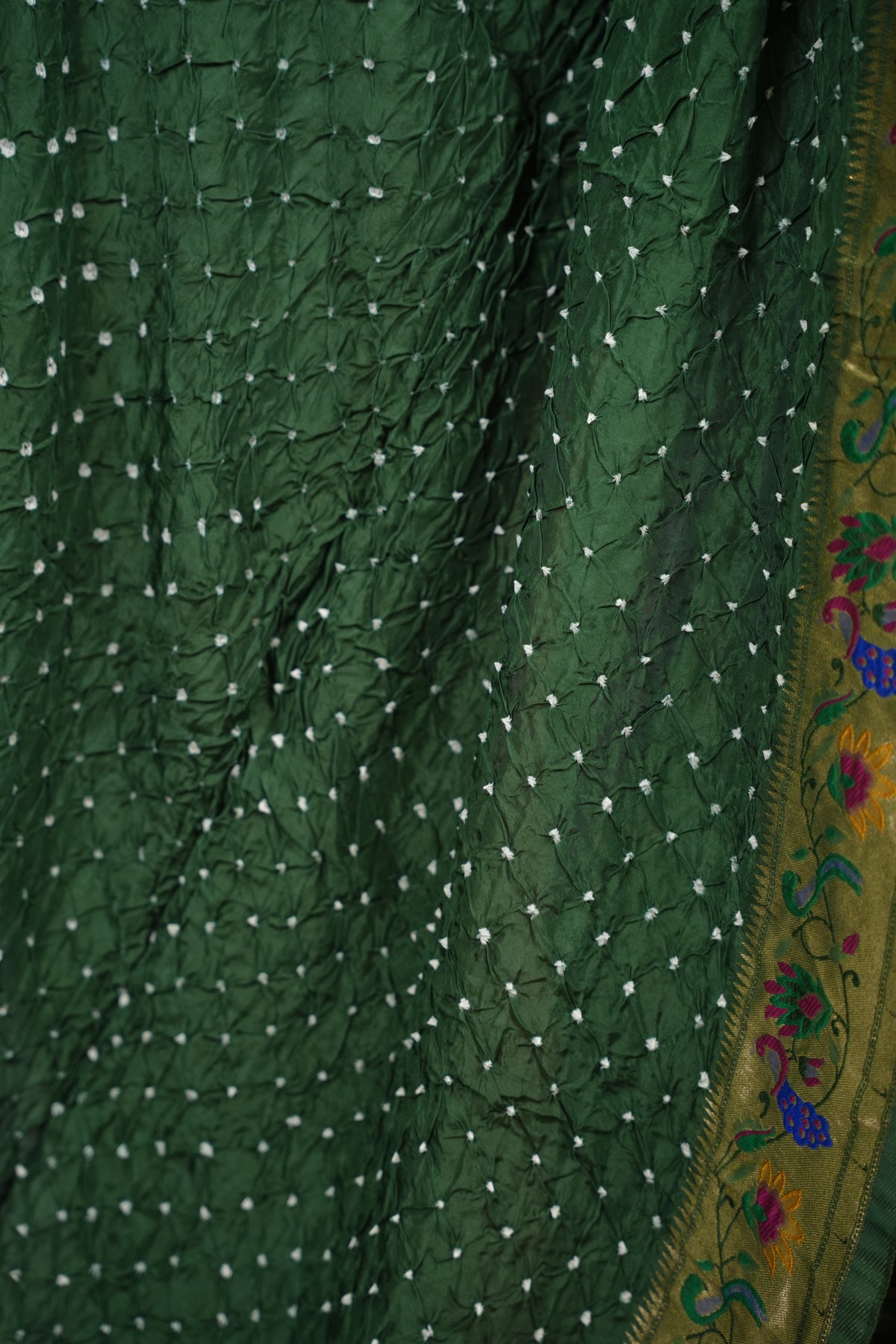Green Handcrafted Bandhani Paithani Dola Silk Saree | Looms & Tassels