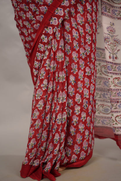 Maroon Georgette Hand Block Printed Saree| Looms & Tassels