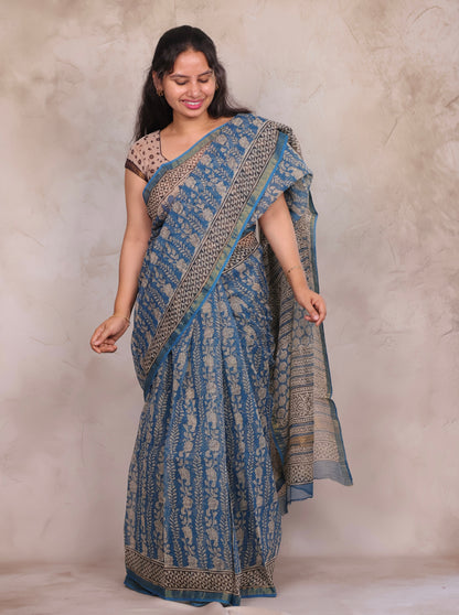 Teal Blue Pure Kota Doria Saree with Bagru Handblock Prints | Looms & Tassels