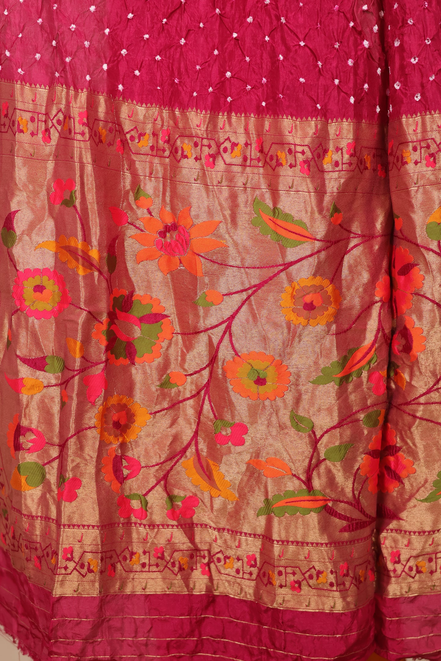 Pink Handcrafted Bandhani Paithani Dola Silk Saree | Looms & Tassels