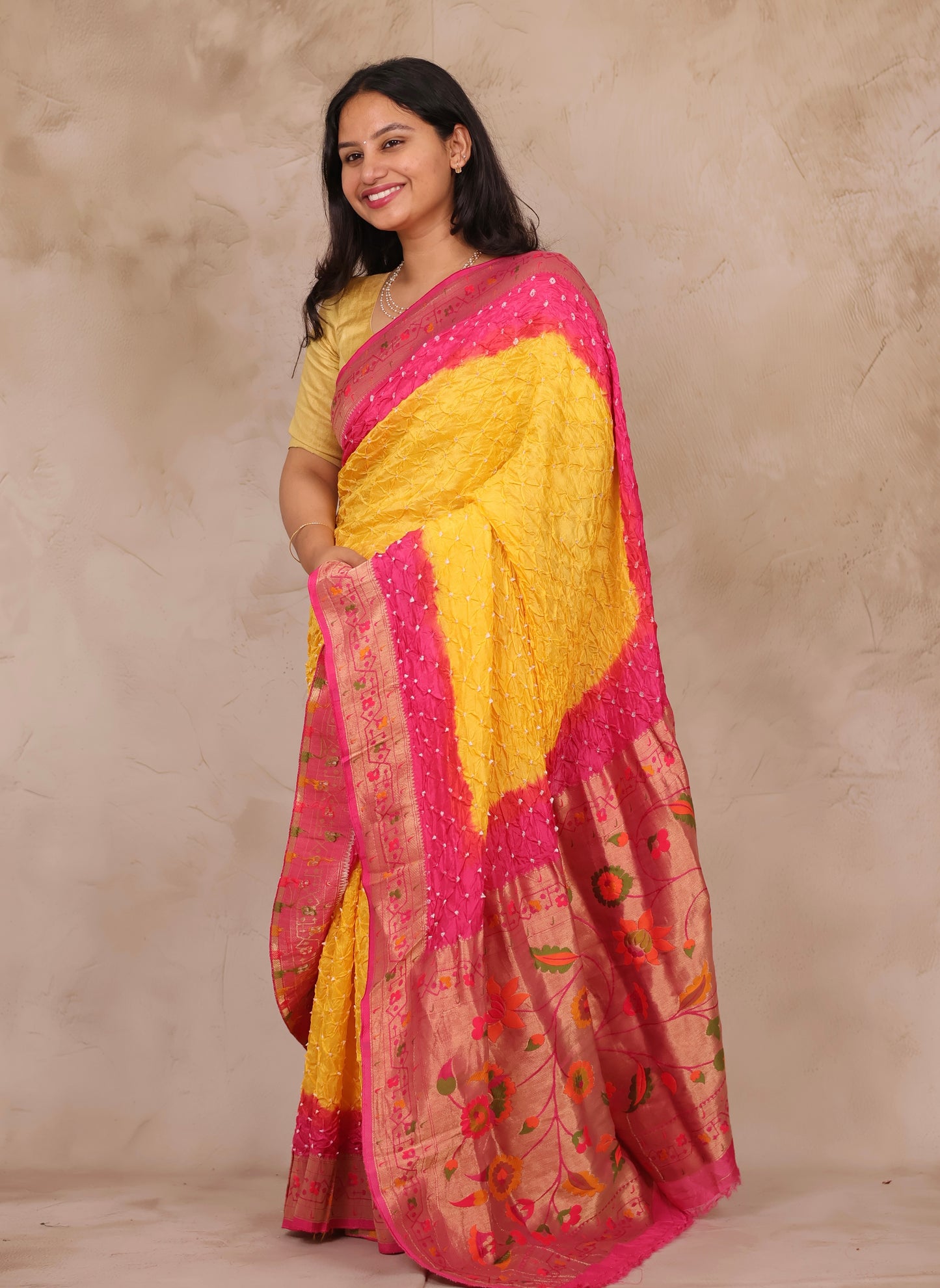 Pink & Yellow Handcrafted Bandhani Paithani Dola Silk Saree | Looms & Tassels