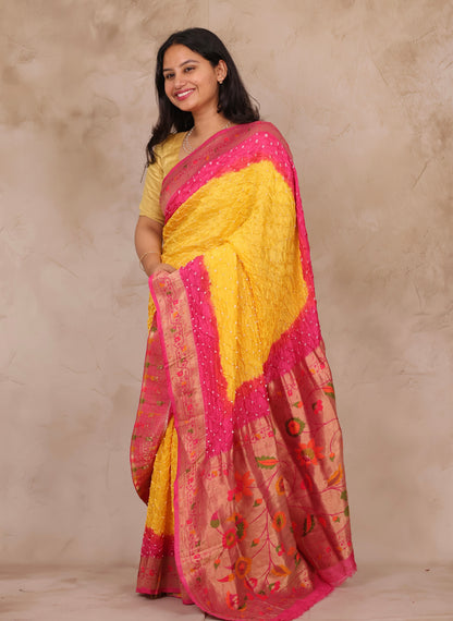 Pink & Yellow Handcrafted Bandhani Paithani Dola Silk Saree | Looms & Tassels