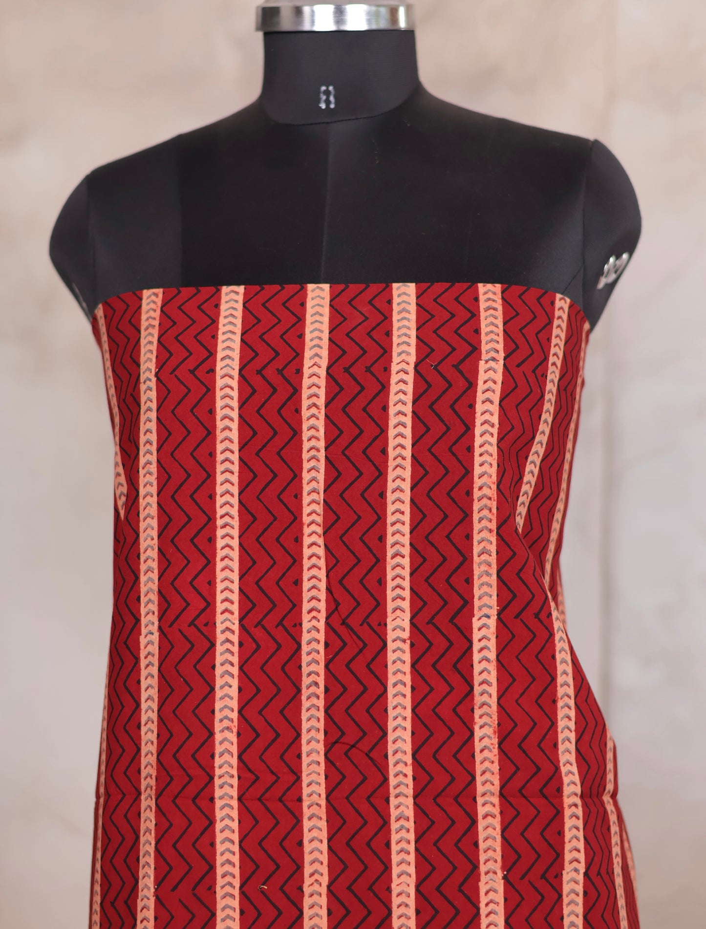 Maroon Stripes Ajrakh Handblock Printed Pure Cotton 3 piece suit set | Looms & Tassels