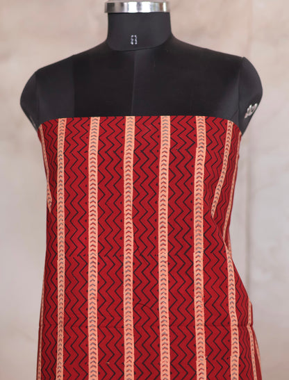 Maroon Stripes Ajrakh Handblock Printed Pure Cotton 3 piece suit set | Looms & Tassels