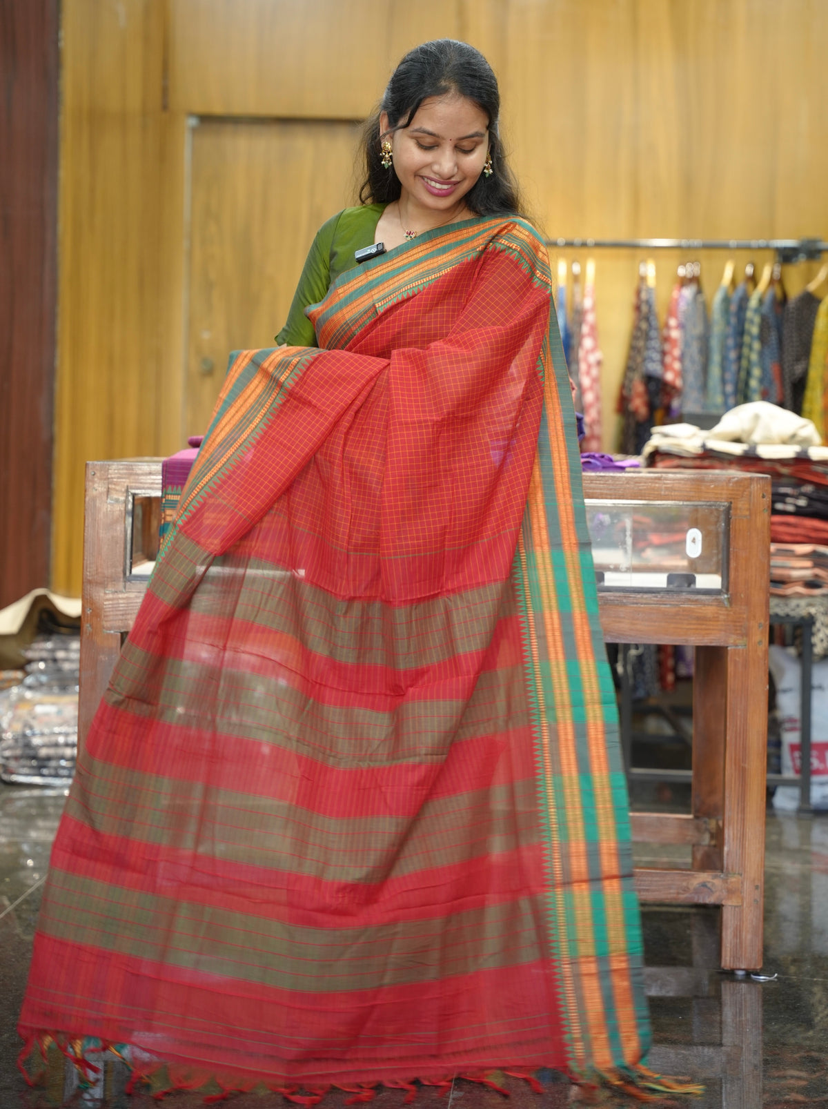 Red Checks Narayanpet Cotton Saree with Traditional contrast Border | Looms & Tassels