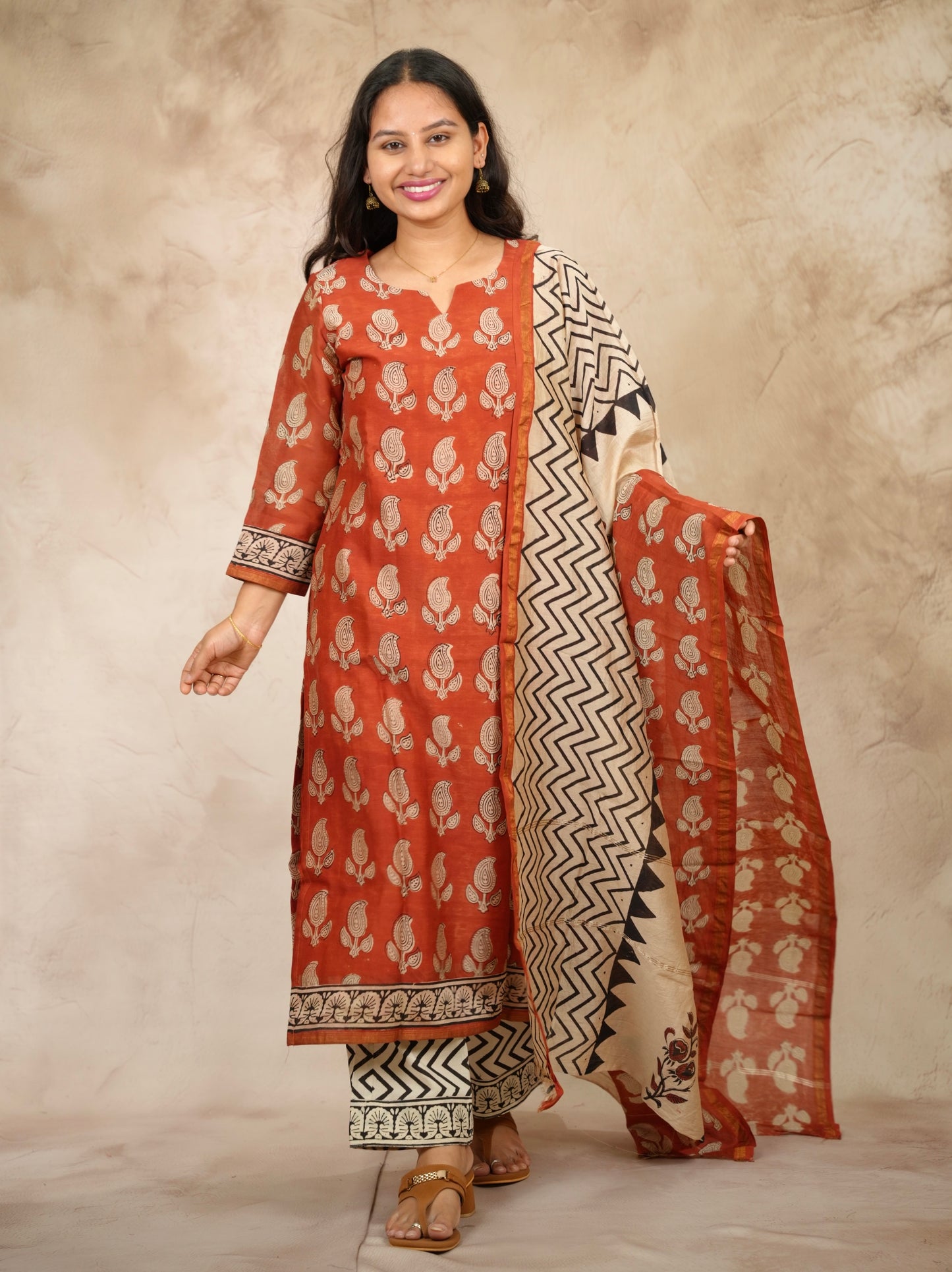 Maroon Handblock printed Pure Chenderi Silk 3 piece suit (stitched) |  Looms & Tassels