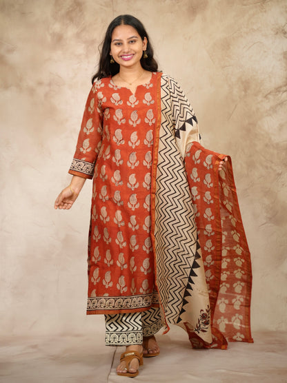 Maroon Handblock printed Pure Chenderi Silk 3 piece suit (stitched) |  Looms & Tassels