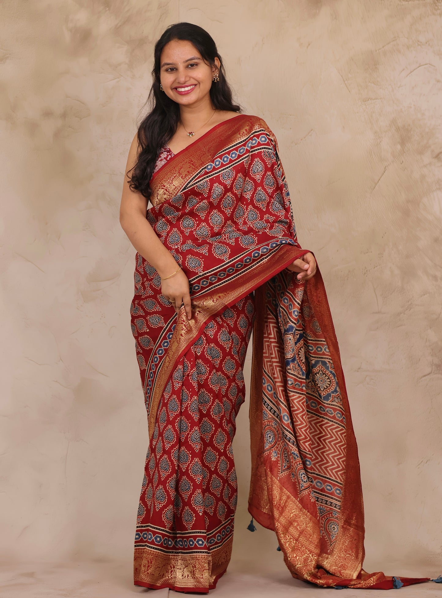 Maroon Butta Ajrakh Handblock printed Dola Silk Saree | Looms & Tassels