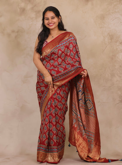 Maroon Butta Ajrakh Handblock printed Dola Silk Saree | Looms & Tassels