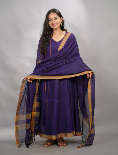 Violet Narayanpet Cotton Anarkali Dress with Narayanpet Dupatta | Looms & Tassels