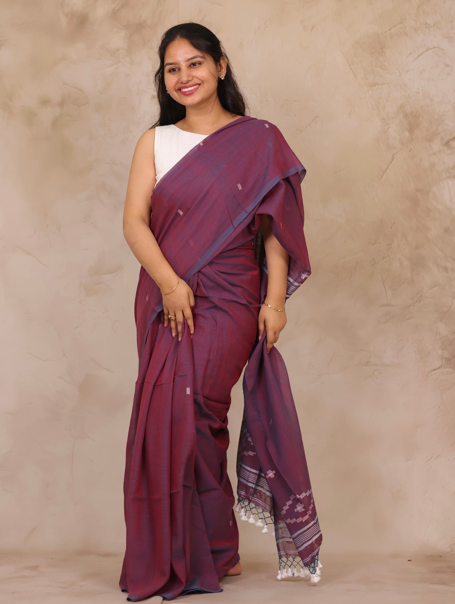 Dual Shade Purple Malai Cotton Saree with Butta Weaving | Looms & Tassels