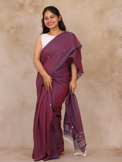 Dual Shade Purple Malai Cotton Saree with Butta Weaving | Looms & Tassels