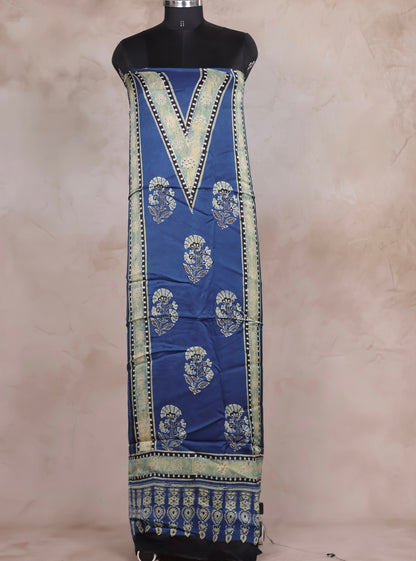 Indigo Ajrakh Handblock Printed Modal Silk 2 Piece Suit Set | Looms & Tassels