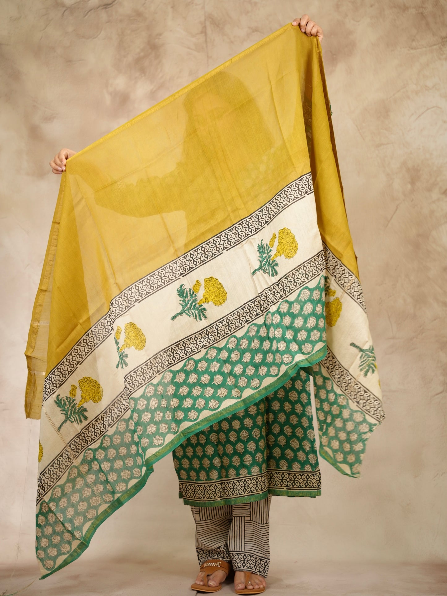 Green Handblock printed Pure Chenderi Silk 3 piece suit (stitched) | Looms & Tassels