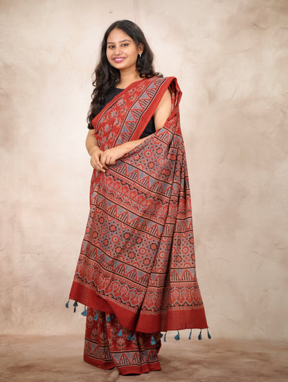 Red Ajrakh Hand Block Printed Cotton Saree | Looms & Tassels
