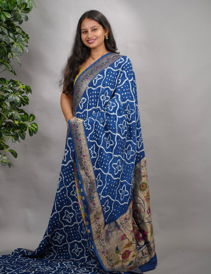 Blue Handcrafted  Pattern Bandhani Paithani Dola Silk Saree | Looms & Tassels