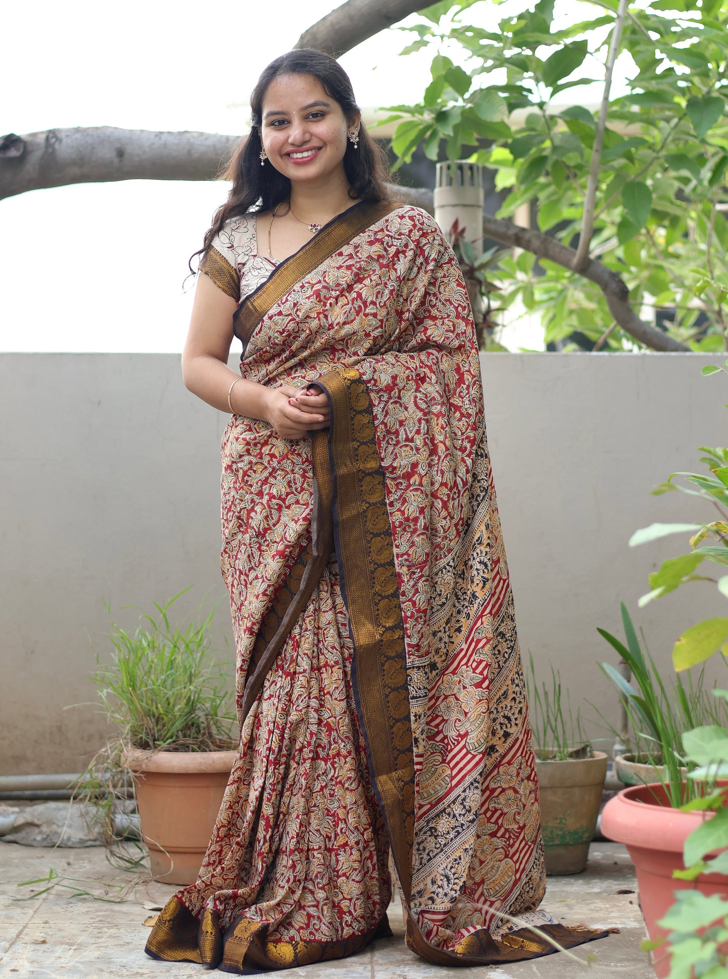 Red Hand Block Printed Kalamkari Kanchi Border Silk Sare