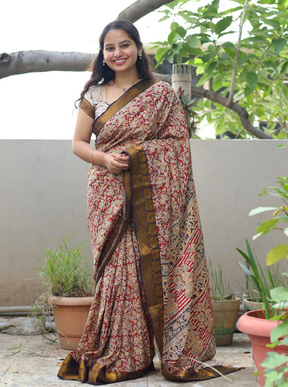 Red Hand Block Printed Kalamkari Kanchi Border Silk Sare