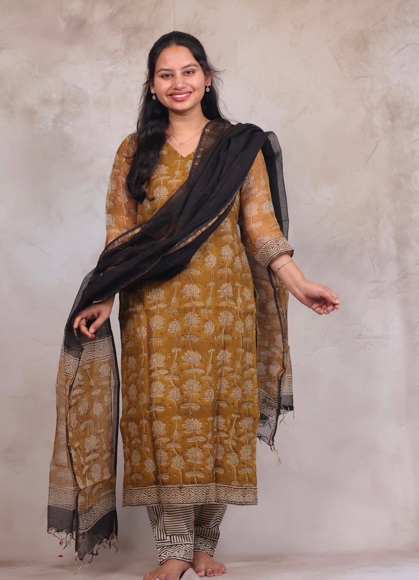 Mustard Handblock printed kota 3 piece suit (stitched)
