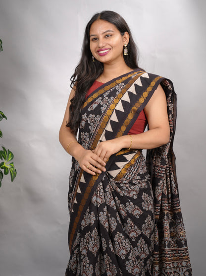 Black Ajrakh Hand Block Printed Sungudi Cotton Saree | Looms & Tassels
