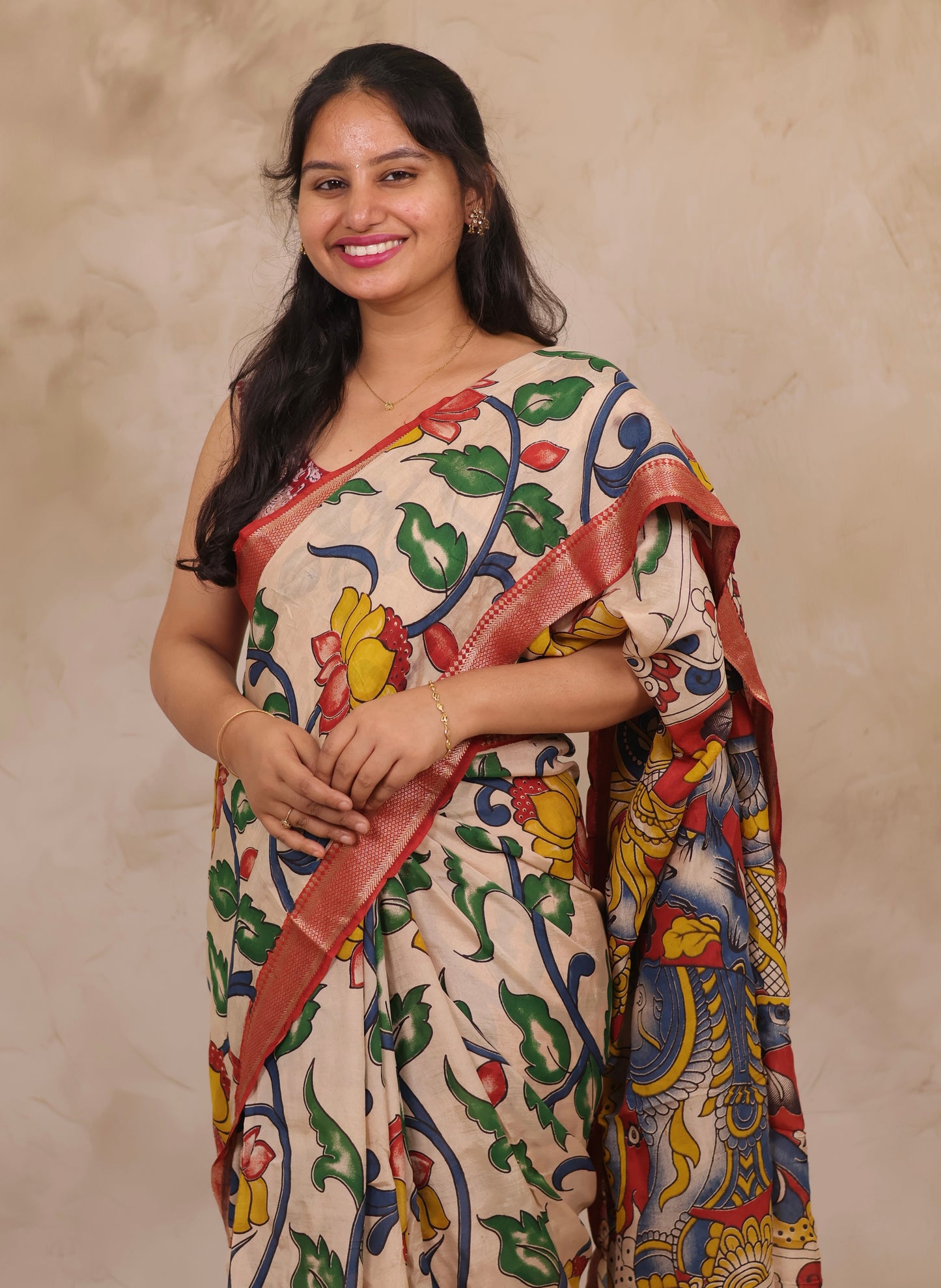 Cream Lotus Kalamkari Nizam Border Chennur Silk Saree | Looms & Tassels
