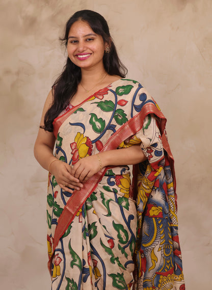 Cream Lotus Kalamkari Nizam Border Chennur Silk Saree | Looms & Tassels