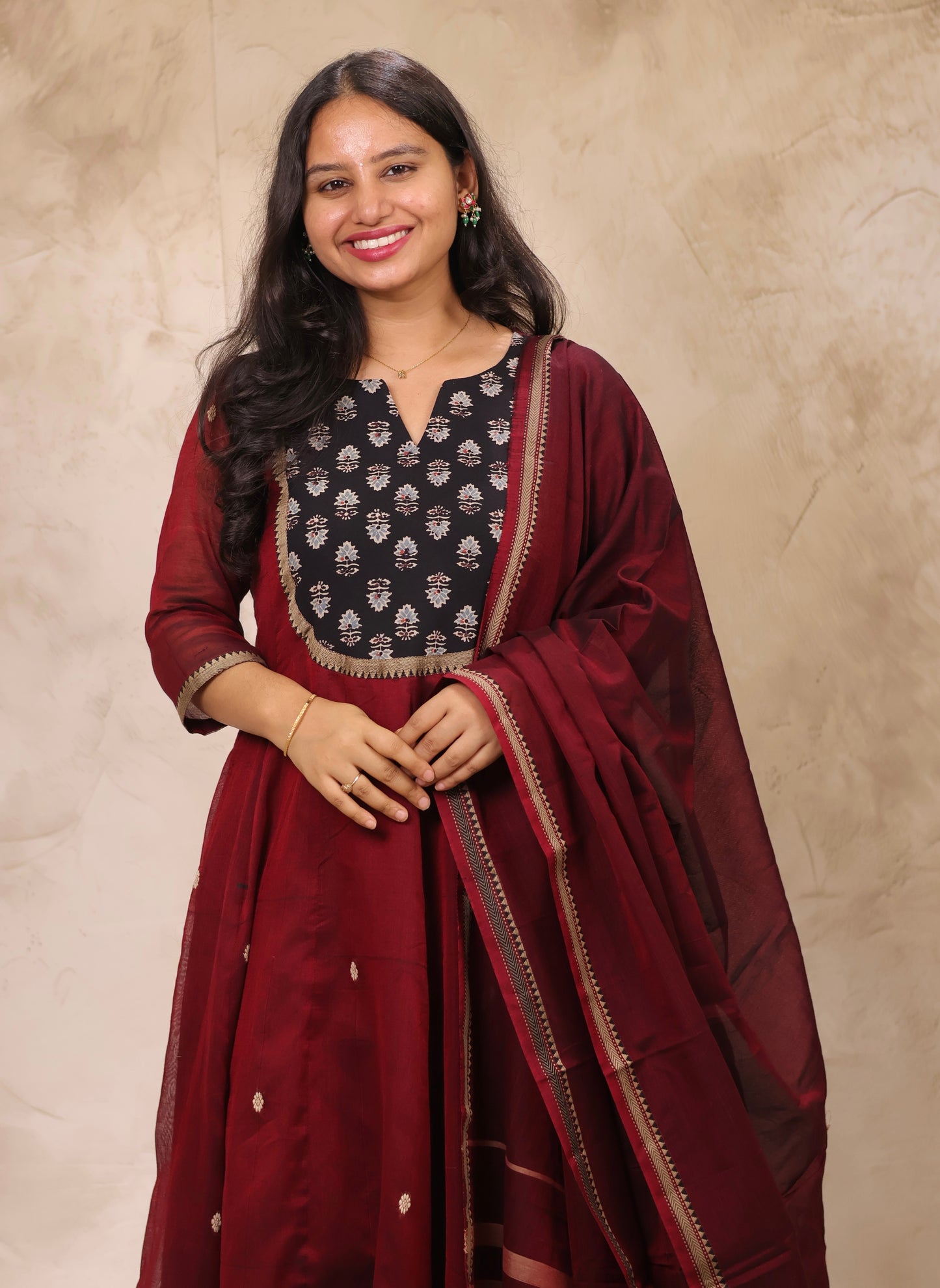 Maroon Ajrakh Patch Work Narayanpet Cotton Anarkali Dress with Narayanpet Dupatta | Looms & Tassels