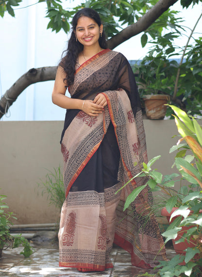 Bagru Hand block printed Kota Doriya Saree