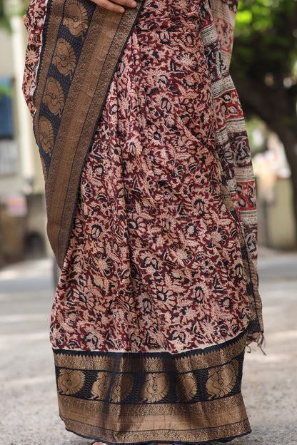 Brown & Black Kuppadam Border Kalamkari Uppada Silk Saree