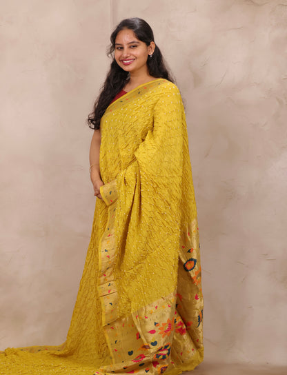 Pastel Yellow Handcrafted Bandhani Paithani Dola Silk Saree | Looms & Tassels