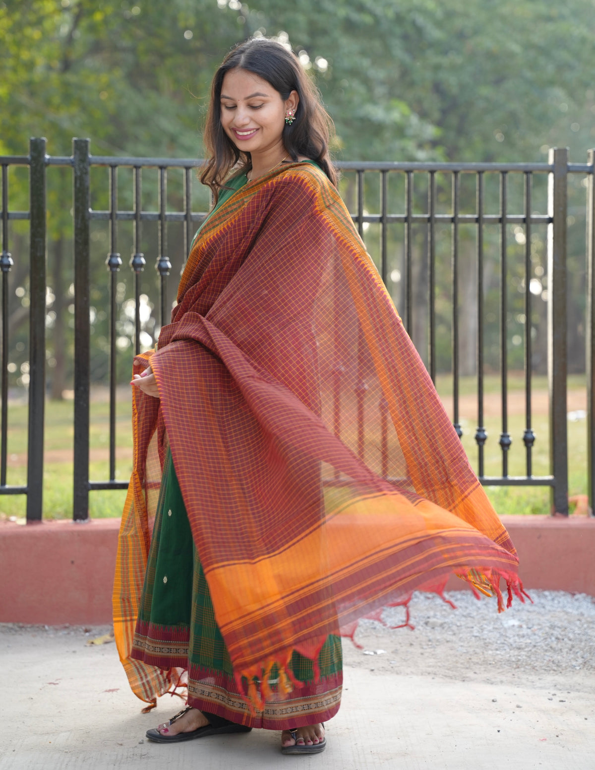 Green Narayanpet Cotton Anarkali Dress with Narayanpet Dupatta | Looms & Tassels