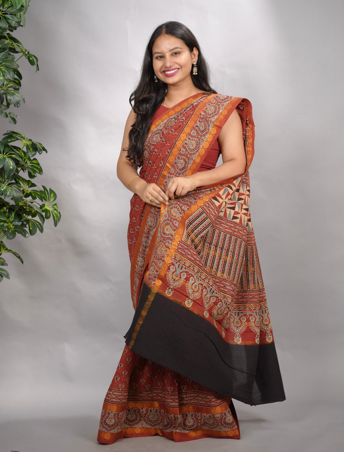 Rust Red Ajrakh Hand Block Printed Sungudi Cotton Saree | Looms & Tassels