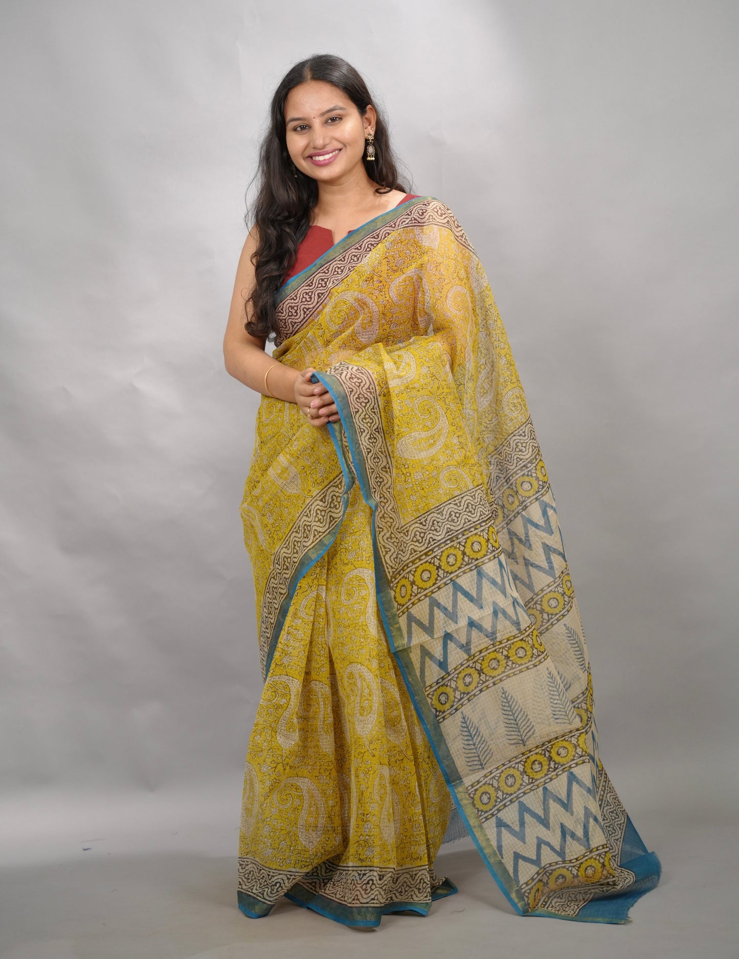 Yellow Pure Kota Doria Saree with Bagru Handblock Prints | Looms & Tassels