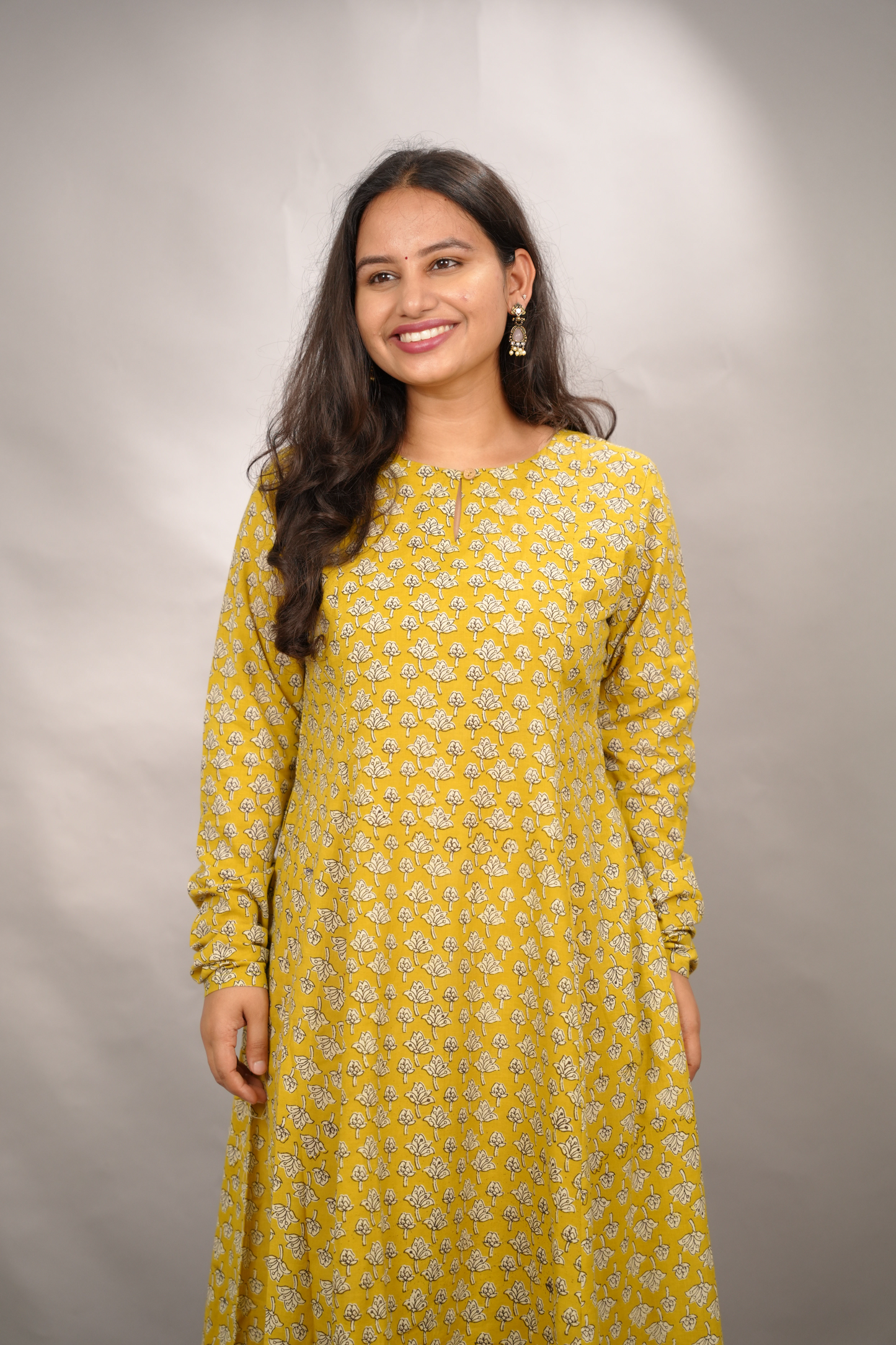 Mustard Pure Mul Cotton Kali Kurta with Chudi Sleeves | Looms & Tassels