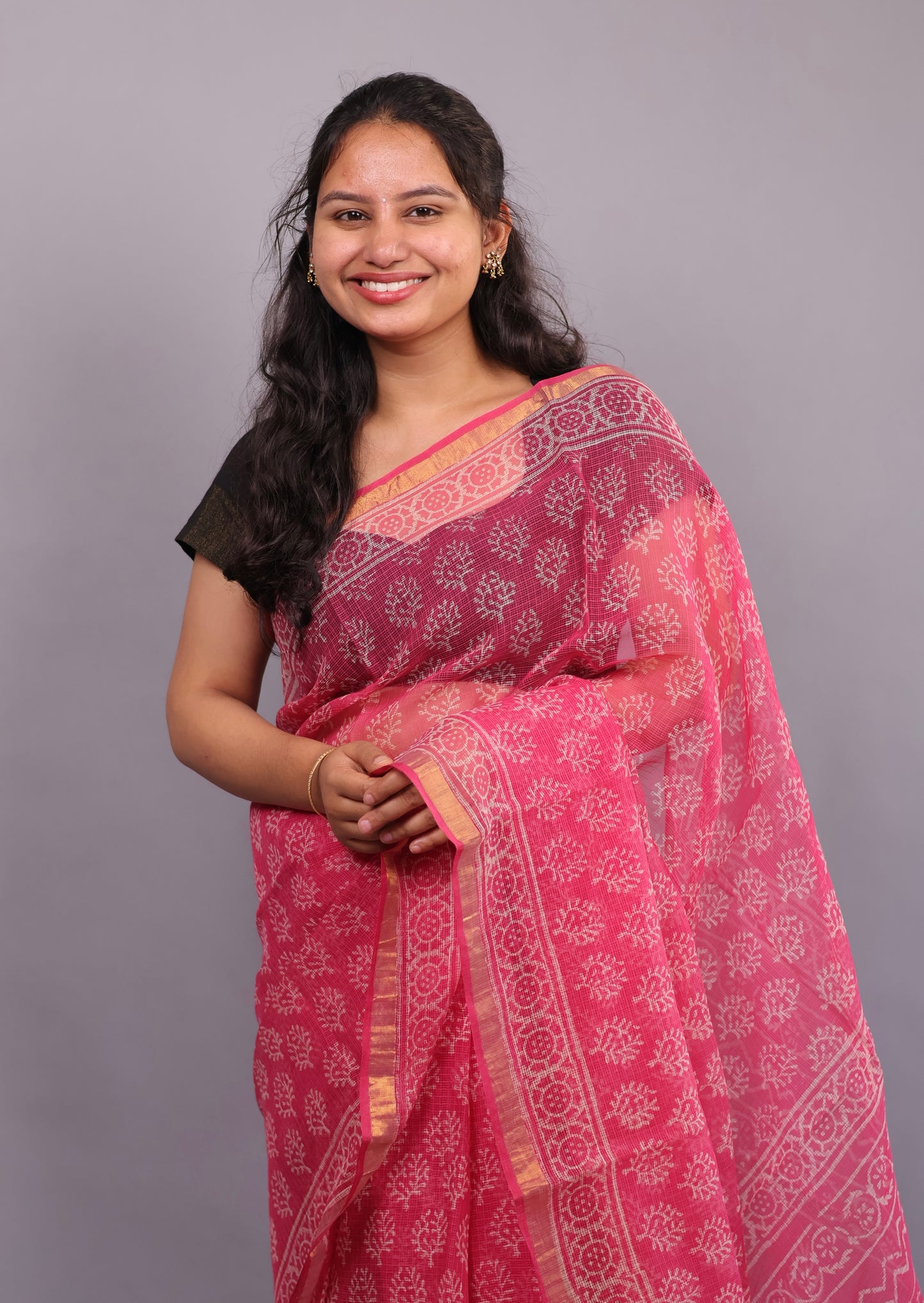 Pure Kota Doria Saree with Bagru Handblock Prints – Pink | Looms&Tassels