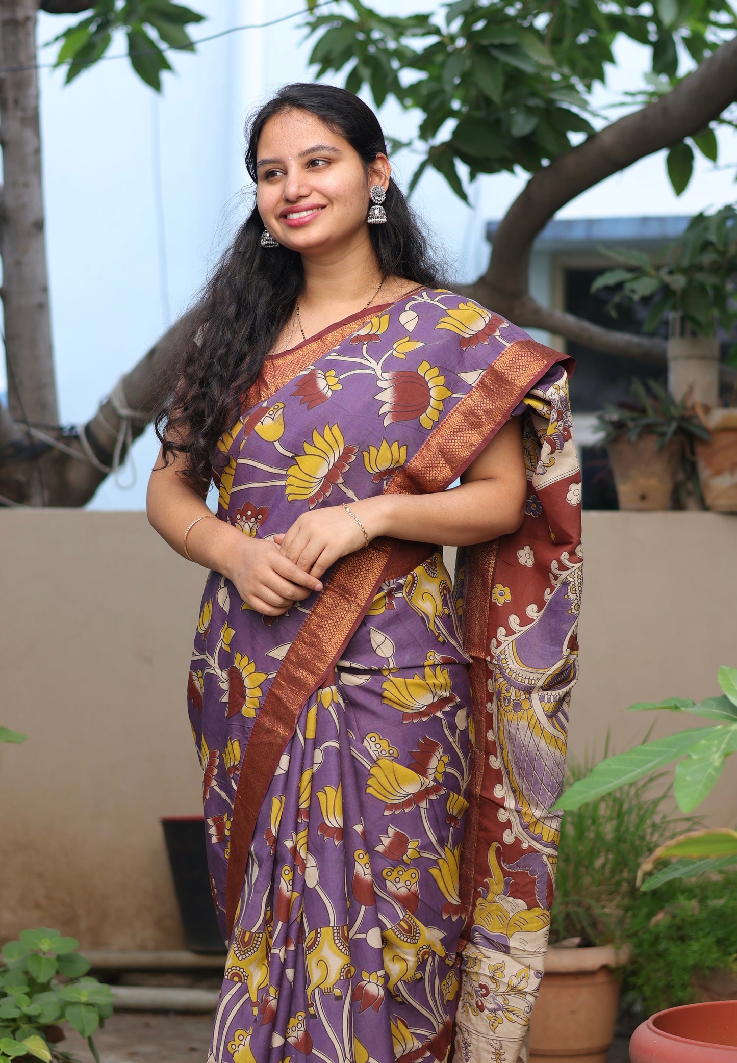 Purple Lotus & Pichwai Kalamkari Silk Handcrafted Nizam Border Saree