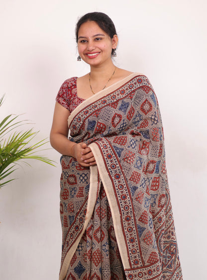 Cream Badam Butta Ajrakh Handblock Printed Saree