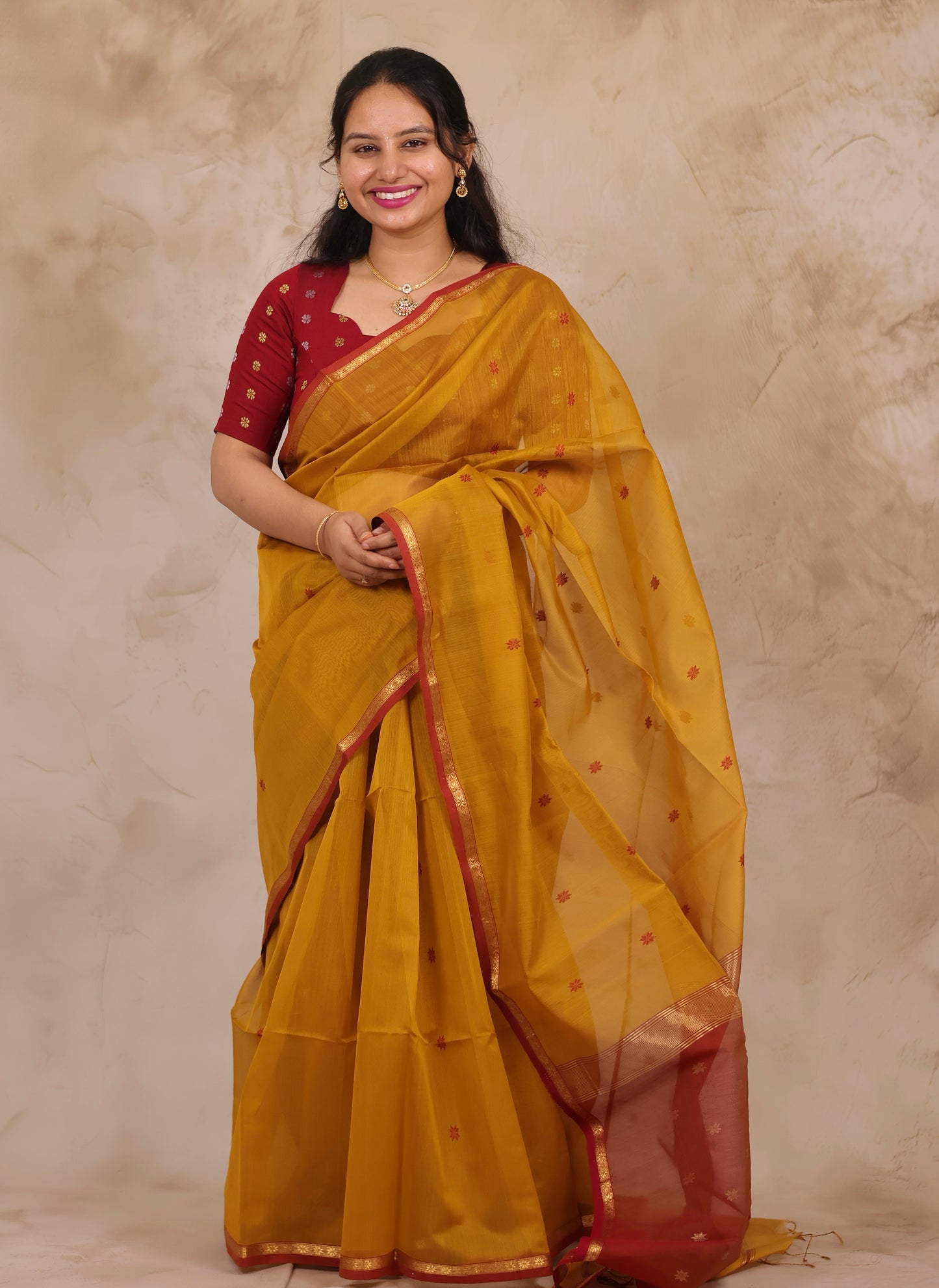 Mustard Handloom Maheswari Silk Cotton Sarees | Looms & Tassels