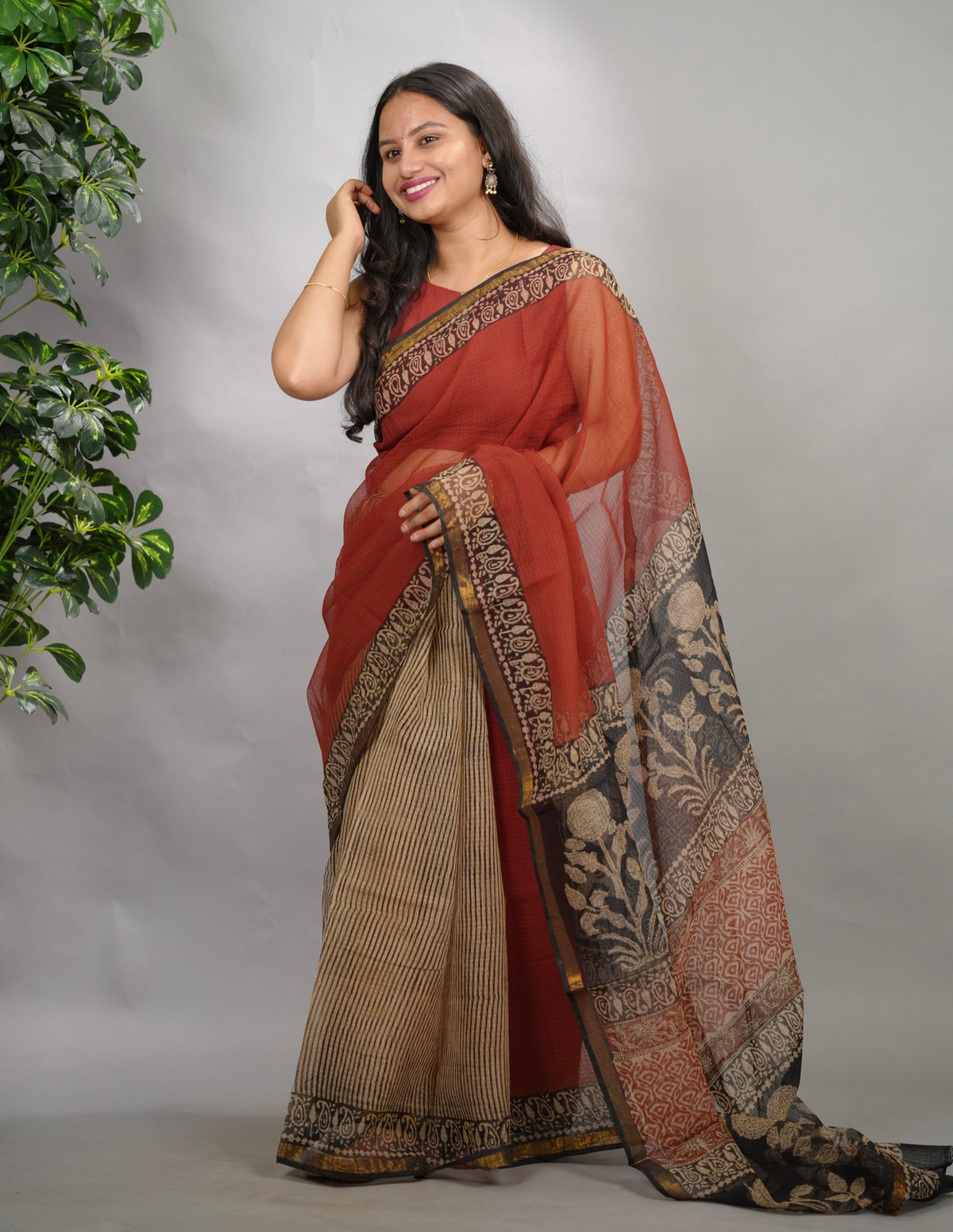 Maroon Pure Kota Doria Saree with Bagru Handblock Prints