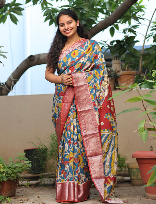 Blue Floral Kalamkari Silk Handcrafted Kanchi Border Saree