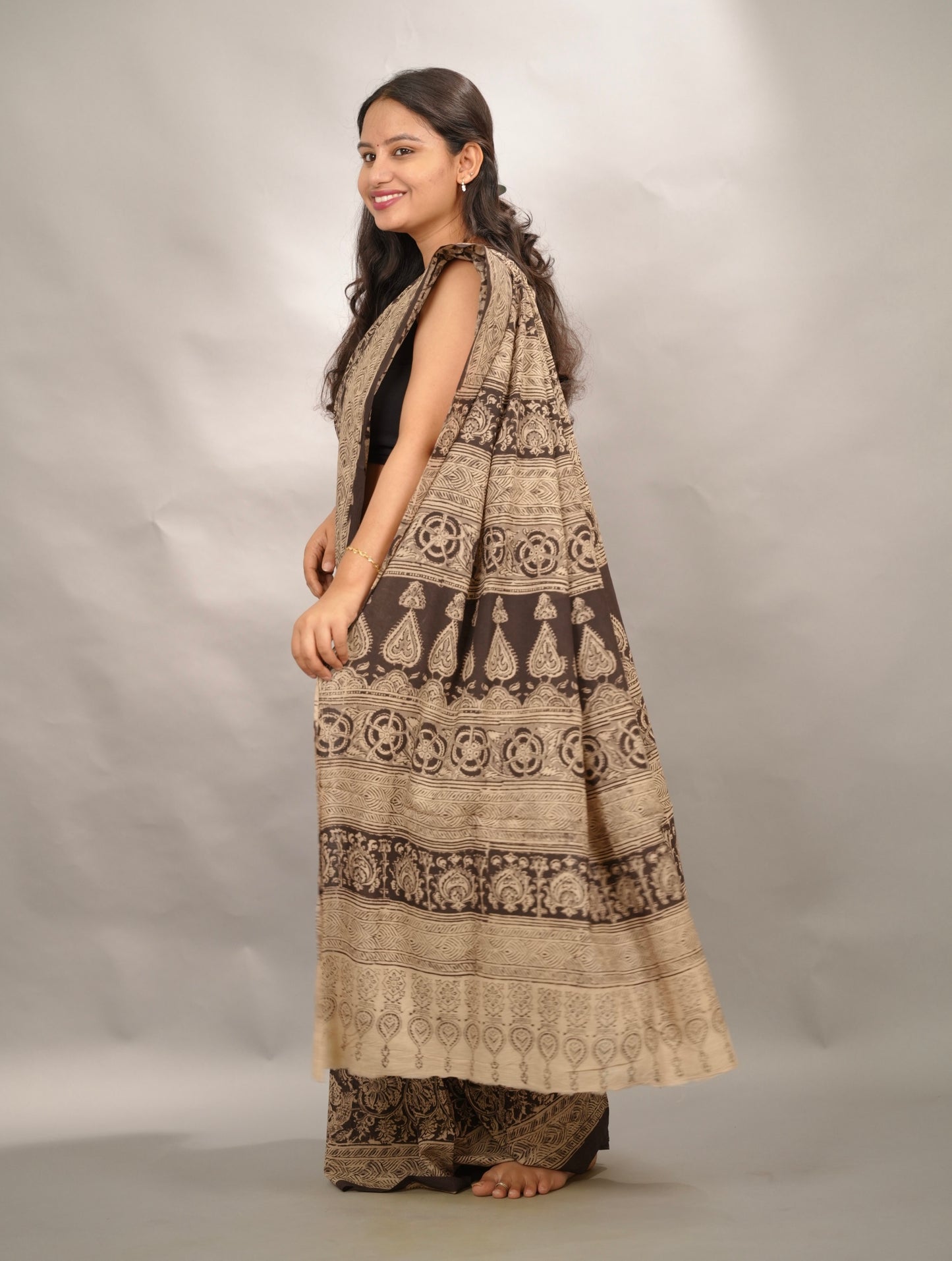Black Hand Block Printed Kalamkari Cotton Saree | Looms & Tassels
