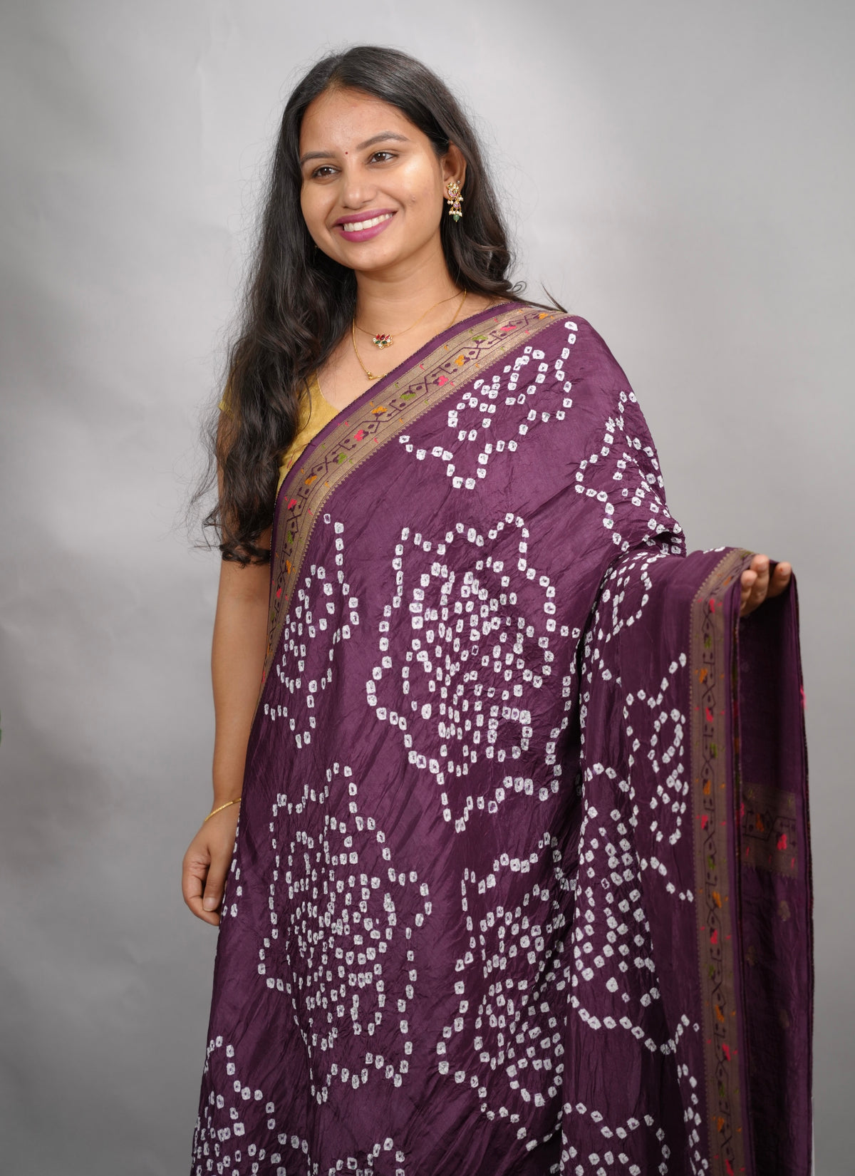 Purple Handcrafted  Pattern Bandhani Paithani Dola Silk Saree | Looms & Tassels