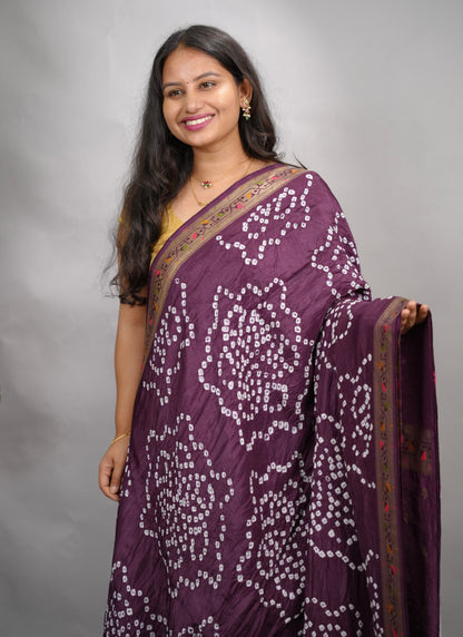 Purple Handcrafted  Pattern Bandhani Paithani Dola Silk Saree | Looms & Tassels