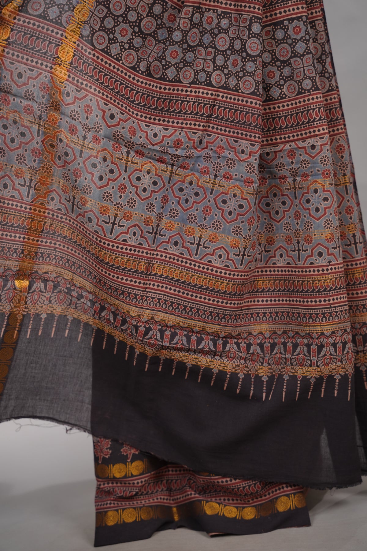 Black Ajrakh Hand Block Printed Sungudi Cotton Saree | Looms & Tassels