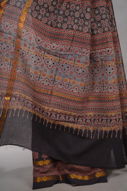 Black Ajrakh Hand Block Printed Sungudi Cotton Saree | Looms & Tassels