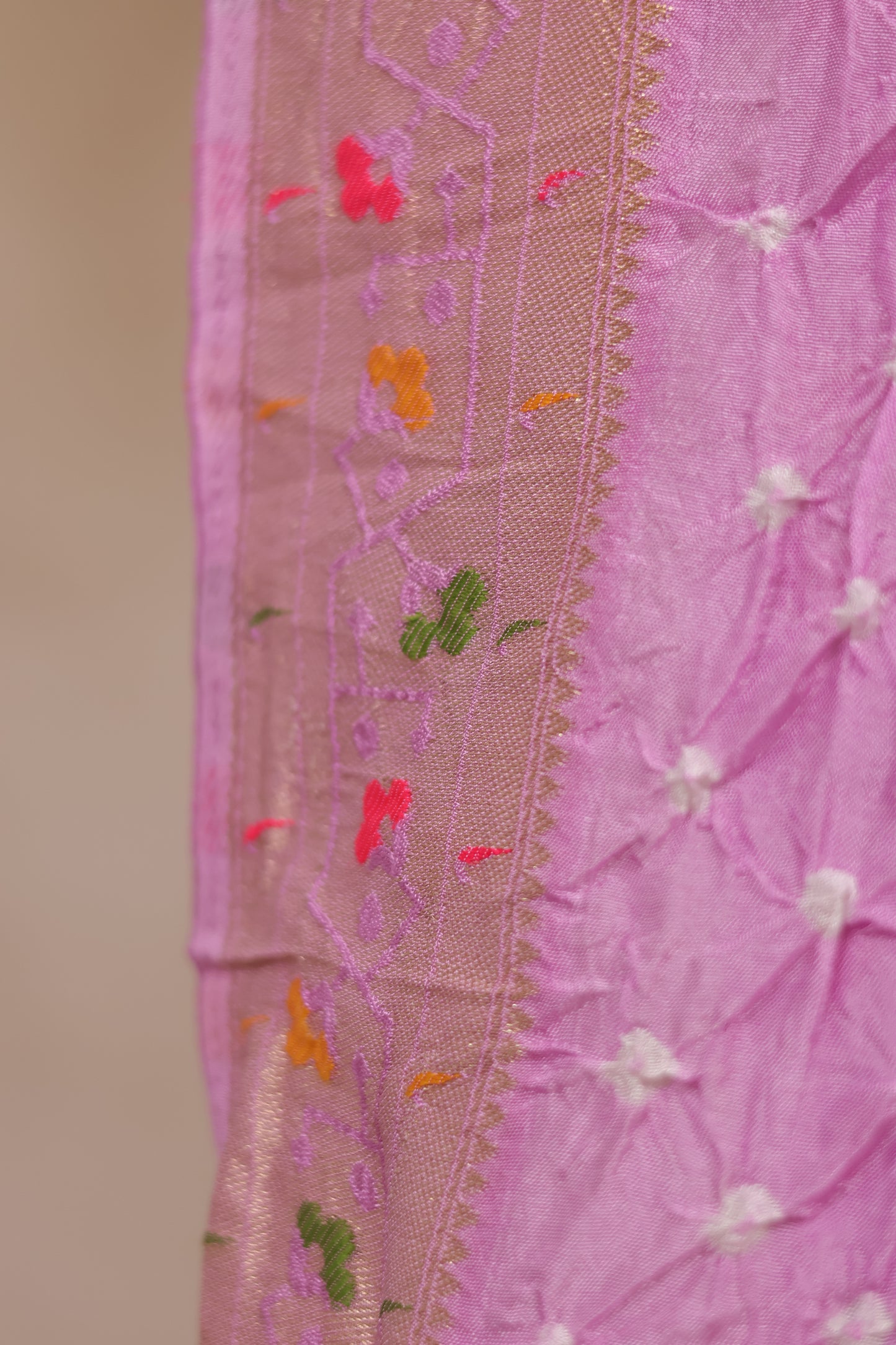 Pastel Lavender Handcrafted Bandhani Paithani Dola Silk Saree | Looms & Tassels