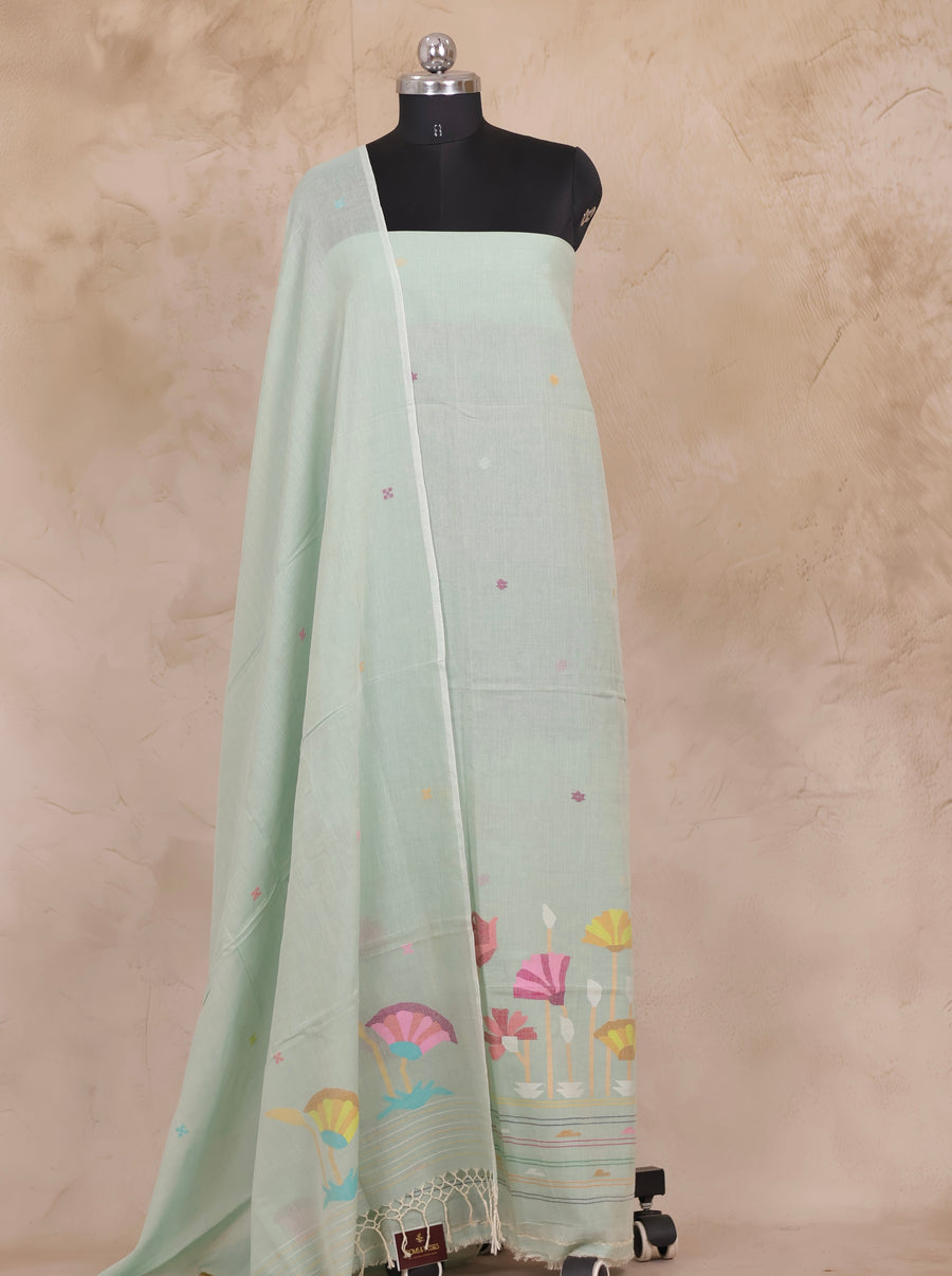 Pastel Green Handwoven Jamdhani weaving pure Malai cotton 2 piece suit sets | Looms & Tassels