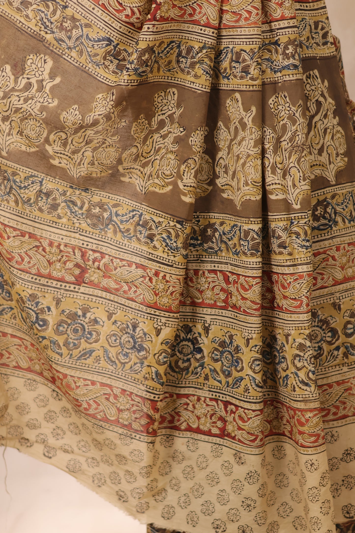 Mehndi Green Hand Block Printed Kalamkari Cotton Saree | Looms & Tassels