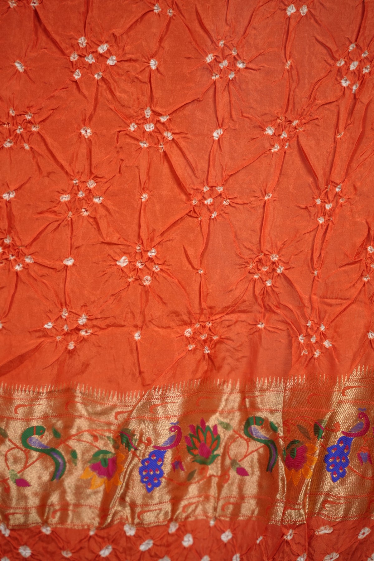 Orange Handcrafted Bandhani Paithani Dola Silk Saree | Looms & Tassels
