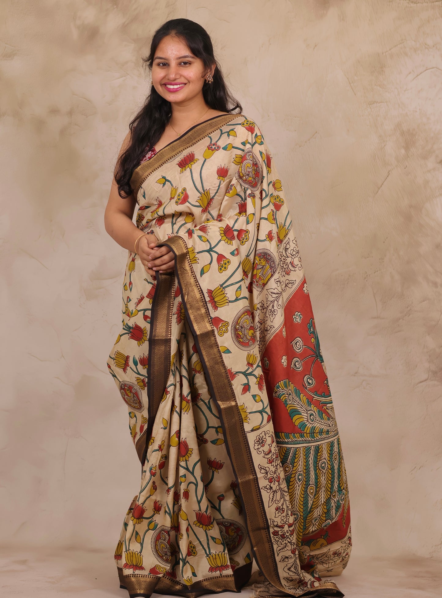 Cream Lotus Kalamkari Nizam Border Chennur Silk Saree | Looms & Tassels